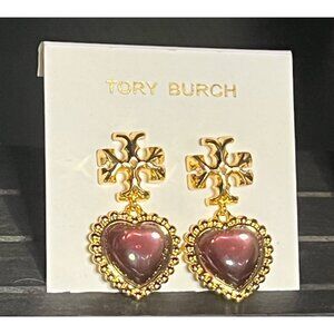 Tory Burch Gold and Pink Roxanne Heart Drops Earrings